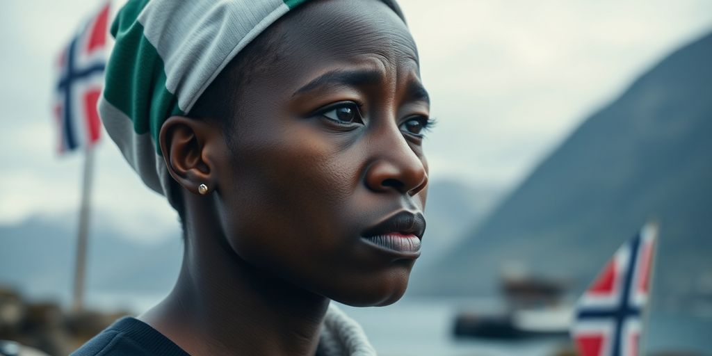 Nigerian individual in thoughtful pose against Norwegian scenery.