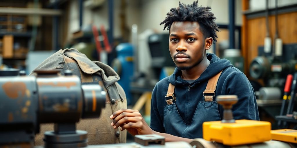 Young Nigerian apprentice in a workshop, focused on work.